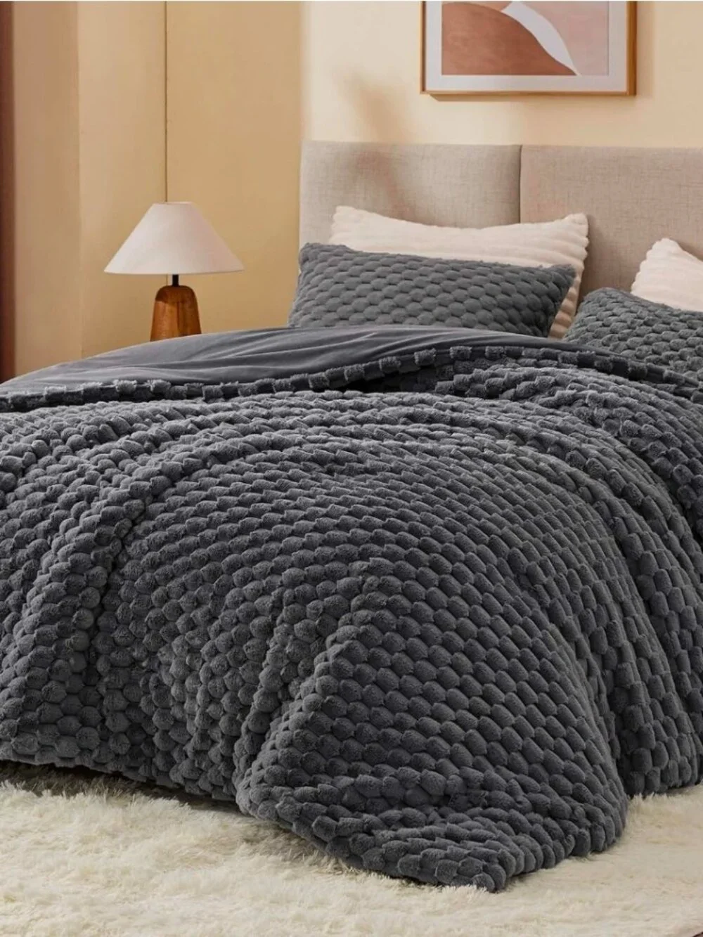 Fluffy Queen Comforter Set - Grey Fleece Soft Comforter for Queen Size Bed, Luxu